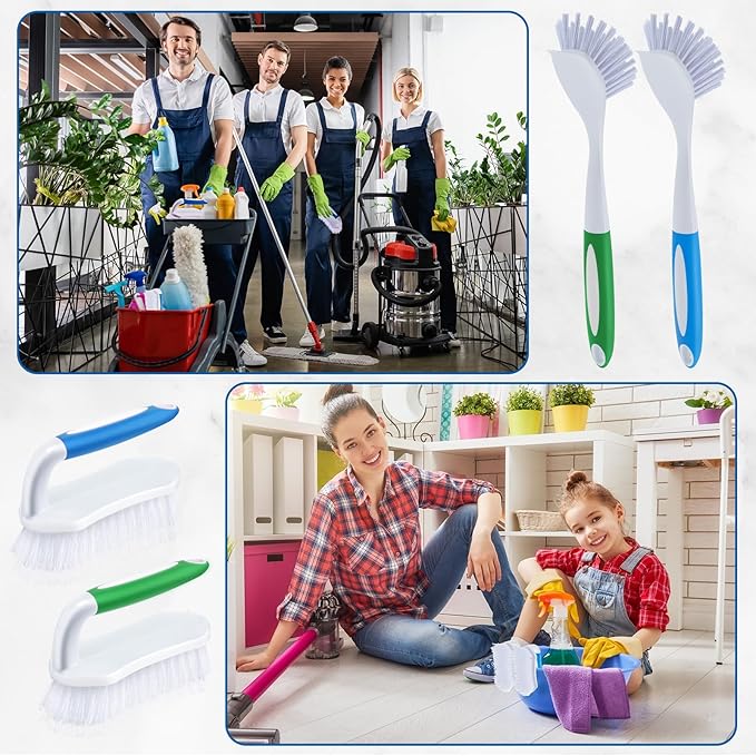 Hsei 12 Pcs Heavy Duty Scrub Brush Kit, Bathroom Bathtub Scrubber, Hard Bristle Cleaning Brush with Ergonomic Handle and Durable Bristles for Cleaning Carpet Kitchen Pots, Pans and Sinks