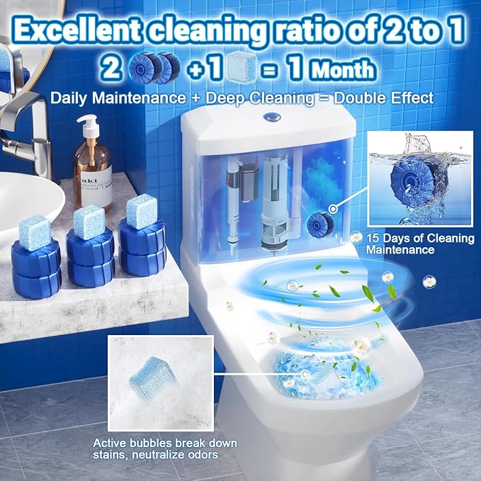 Toilet Bowl Cleaner 36 Pack, 24 Pcs Blue Toilet Bowl Tablets + 12 Pcs Tank Cleaner With Bleach, Long-Lasting Bathroom Toilet Tank Cleaner & Deodorizer, Fresh Scent(36pack,Blue)