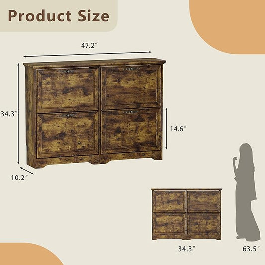 Large Shoe Cabinet for Entryway, 4 Flip Drawer Organizer with Adjustable Shelves, Wooden Slim Shoe Storage Cabinet and Rack for Closet, Hallway, Foyer