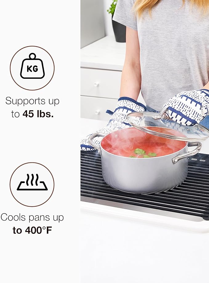 Large Dish Drying Rack for Kitchen Sink - Over Sink Dish Drying Rack to Dry Dishes & Drain Items - Modern & Stylish Dish Rack Set with Extra Side Tray - Space-Saving Roll-Up Counter Drainboard - Black