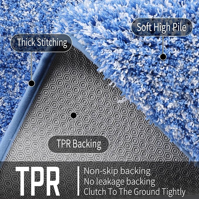 Yimobra Toilet Rugs U Shaped Washable 24x20, Ultra Soft and Water Absorbent Bath Mats, Non Slip Fluffy Shaggy Luxury Microfiber Contour Bath Rugs for Toilet, Dry Quick, Blue and White