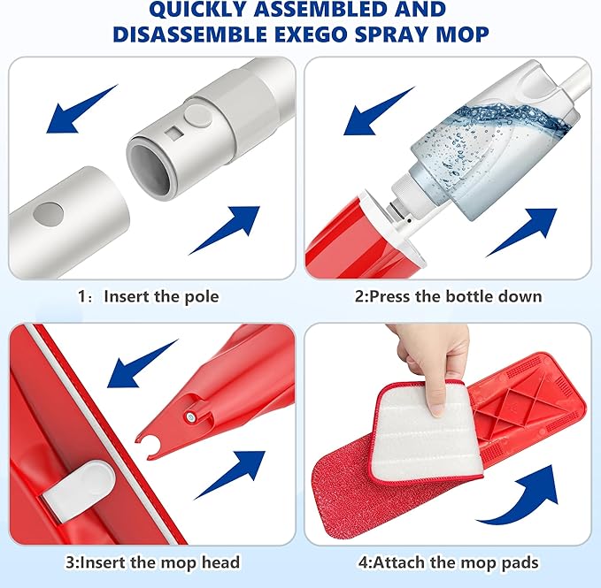 Spray Mops for Floor Cleaning: EXEGO Wet Mop with 3 Washable Microfiber Pads for Swiffer Powermop - Floor Flat Mop Dust Dry Nops for Hardwood Tile Wood Laminate Vinyl Marble - Home Commercial Mop