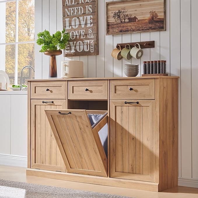 Triple Tilt Out Laundry Hamper Cabinet, 20 Gallon Farmhouse Trash Can Cabinet w/Drawer & Adjustable Shelf, Hidden Garbage Can Bin Cabinets w/Laundry Basket for Bathroom, Kitchen (Natural)