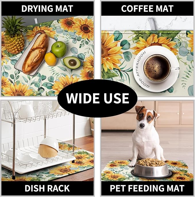 Sunflowers Dish Drying Mat for Kitchen Counter Yellow Flower Green Leaves Dish Draining Mats Spring Summer Floral Dishes Pad Microfiber Absorbent Dish Drainer Rack Mat Extra Large 18x24 Inch