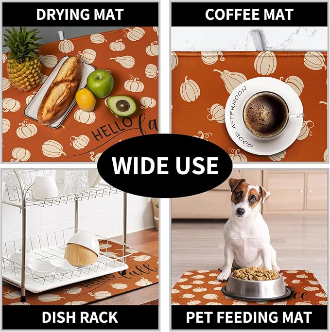 Hello Fall Drying Mat for Kitchen Counter Autumn Orange Pumpkin Dry Dish Mat Thanksgiving Absorbent Microfiber Dish Draining Washable Dish Drainer Rack Mat 16x18 Inch