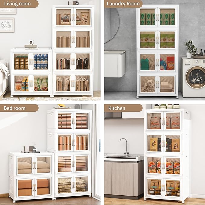 Large Clear Stackable Storage Bins with 2 Lids, Foldable Storage Cabinet for Closet Organizers and Storage, Plastic Storage Box with Wheels 942 QT