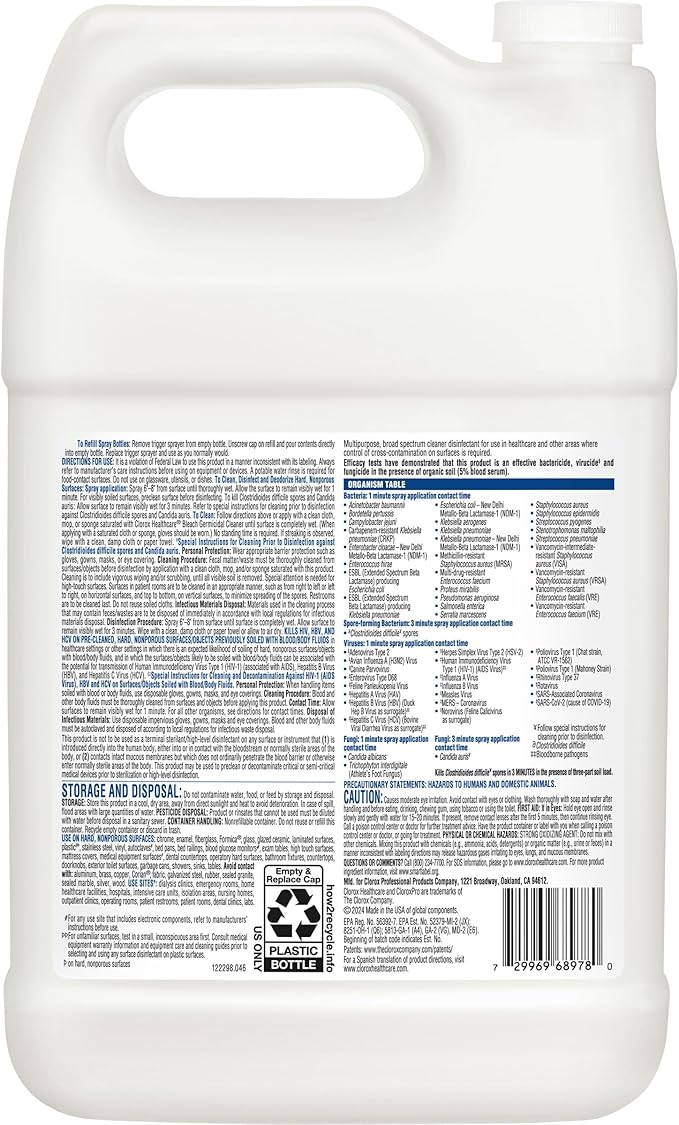 CLOROX CloroxPro Healthcare Bleach Germicidal Cleaner Refill, Healthcare Cleaning and Industrial Cleaning, 128 Ounces (Pack of 4) - 68978