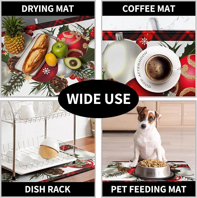 Christmas Red Buffalo Plaid Dish Drying Mat for Kitchen Counter 16x18 Inch Winter Xmas Ball Snowflake Pine Cones Dishes Drying Mat Microfibe Super Absorbent Dish Rack Pad for Coffee Bar Sinks