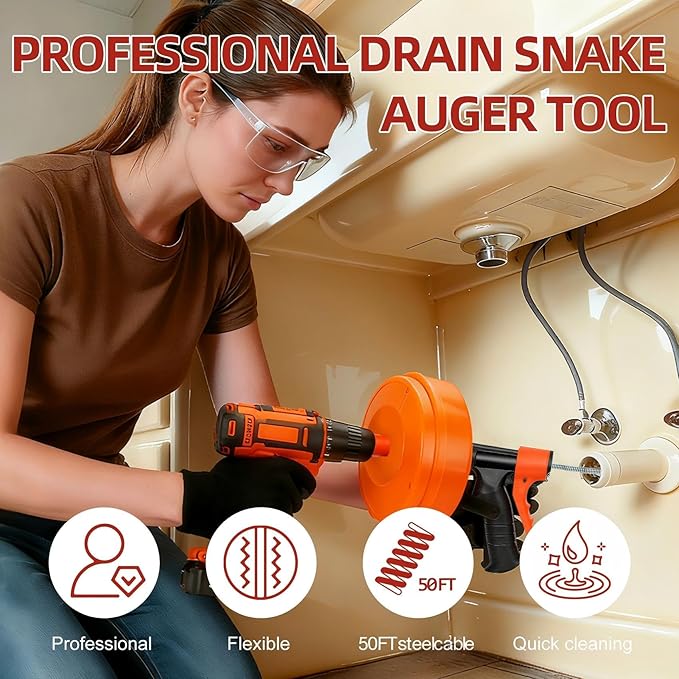 50FT Drain Snake for Clog Removal, Drill Powered & Manual Auger with Auto-Feed, 1/4 Inch Plumbing Snake for Kitchen Sink, Shower & Bathtub Drain, Hair Clog Remover Tool with Gloves & Storage Bag