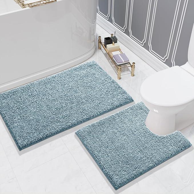 Yimobra Toilet Rugs U Shaped Washable, Soft Absorbent Microfiber Bathroom Rugs, Non Slip Quick Drying Shaggy Bath Mat,Contour Bathroom Mats for Toilet Base, Home Essentials,24x20,Denim Blue