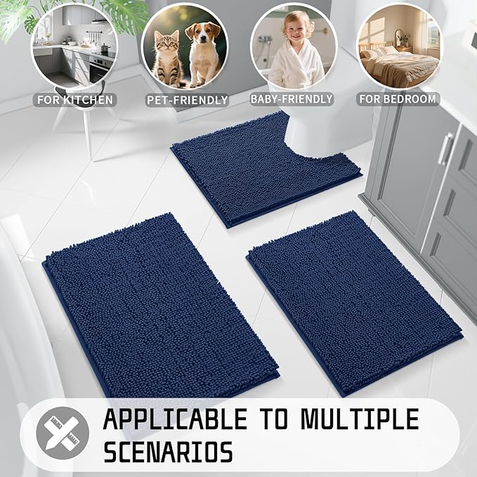 Yimobra Washable Bathroom Rugs, Super Soft & Absorbent Chenille Bath Mat for Floor & Carpet, Quick Dry Non Slip Bath Mat for Tub Shower, 32"x20",Navy Blue