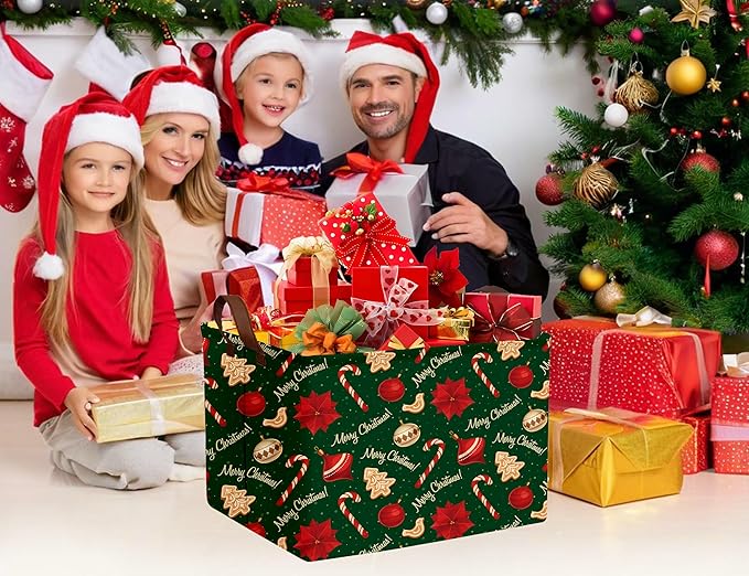 Large Christmas Gifts Empty Baskets Kids Collapsible Holiday Storage Bin with Handle (Golden Tree Red Flower)