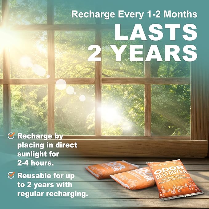 Sunlight® Shoe Deodorizer, Activated Charcoal Odor Absorber Bags, Chemical Free Odor Eaters for Shoes, Shoe Smell Remover Inserts, (50g, 2 Bags)