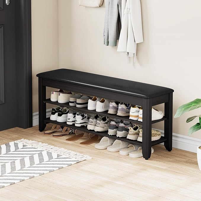Shoe Rack Bench with Flip-Top Storage, Solid Wood Entryway Bench with Cushion, Adjustable Shelf, for Hallway, Mudroom, Closet – Black, 39.4"