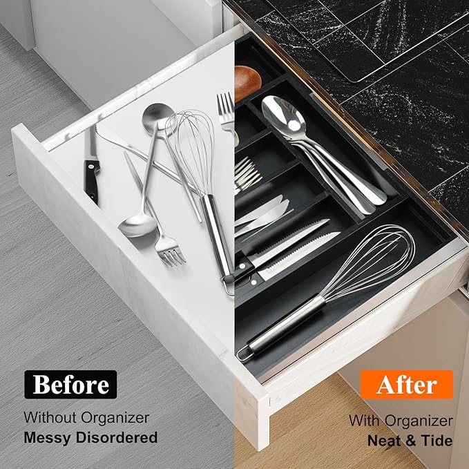Bamboo Kitchen Drawer Organizer Tray Black Expandable Spoon Silverware Organizer Large Utensil Holder Drawers Divider Adjustable Cutlery Flatware Organizers for Drawer Wood Utensil Silverware Tray
