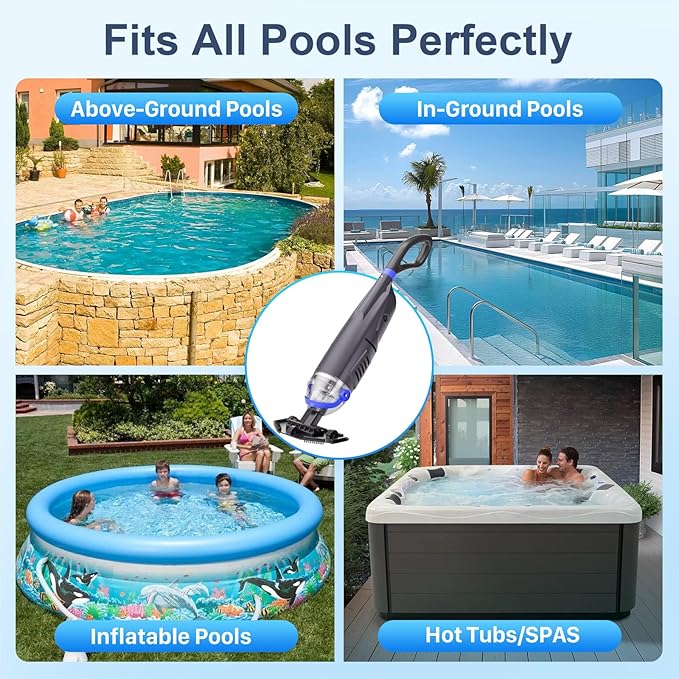 (2025 Upgraded) Cordless Pool Vacuum with Telescopic Pole, 60 Min Powerful Suction & Large Head, Rechargeable Handheld Cleaner for Above Ground Pools, Inground Pools, Hot Tubs, and Spa