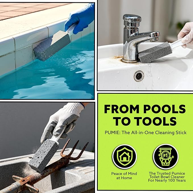 PUMIE Pumice Stone Toilet Bowl Cleaner (2-Pack) - Toilet Pumice Stone with Handle - Heavy Duty Scouring Stick for Rings, Bowls, Hard Water Stains, Lime, Rust, Sink - Includes Handle for Easy Use