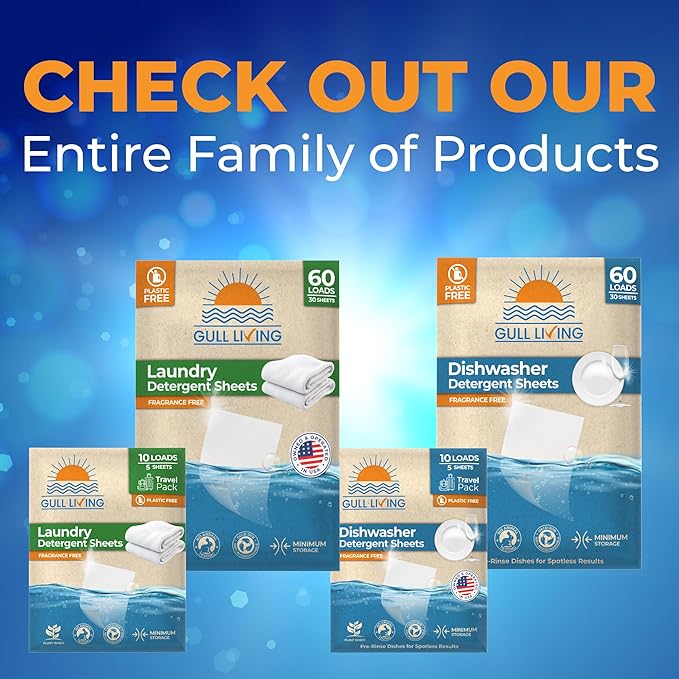 Gull living Eco-Friendly Dishwasher Detergent Sheets - Natural Dishwashing Detergent - Plant Based Dishwasher Soap Sheets - Unscented & Plastic Free Travel Size 10 loads with sustainable Packaging.