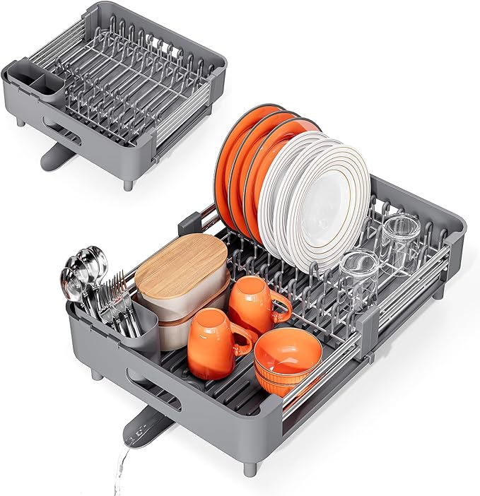 Stainless Steel Dish Drying Rack - Dish Drainer for Kitchen Counter, Extendable Drainboard with Foldable, Space-Saving Cup & Bowl Organizer, Includes Knife and Utensil Holder, Gray