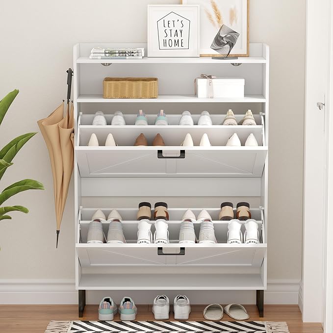 Shoe Cabinet with 2 Flip Drawers, Freestanding Hidden Shoe Storage Organizer for Entryway, Narrow Slim Shoe Rack Cabinet with Open Storage & Hooks for Front Door Entrance, Living Room, Hallway, White