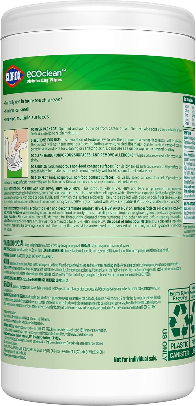 CloroxPro Clorox EcoClean Disinfecting Wipes, 75 Count, Pack of 3