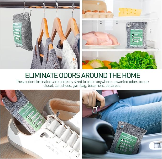 MAXWAVE 8 Pack Activated Charcoal Odor Absorber Bags, Bamboo Charcoal Air Purifying Bags, Natural Air Freshener, Shoe Deodorizer, Moisture Absorber, Odor Eliminators for Home (4×50g, 4×150g)