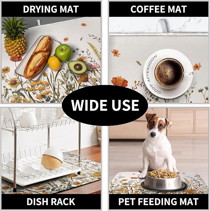 Fall Floral Dish Drying Mat for Kitchen Counter Autumn Burnt Orange Wild Flowers Dish Draining Mat Absorbent Microfiber Dishes Pad Washable Dish Drainer Rack Mat Large 18"x24"