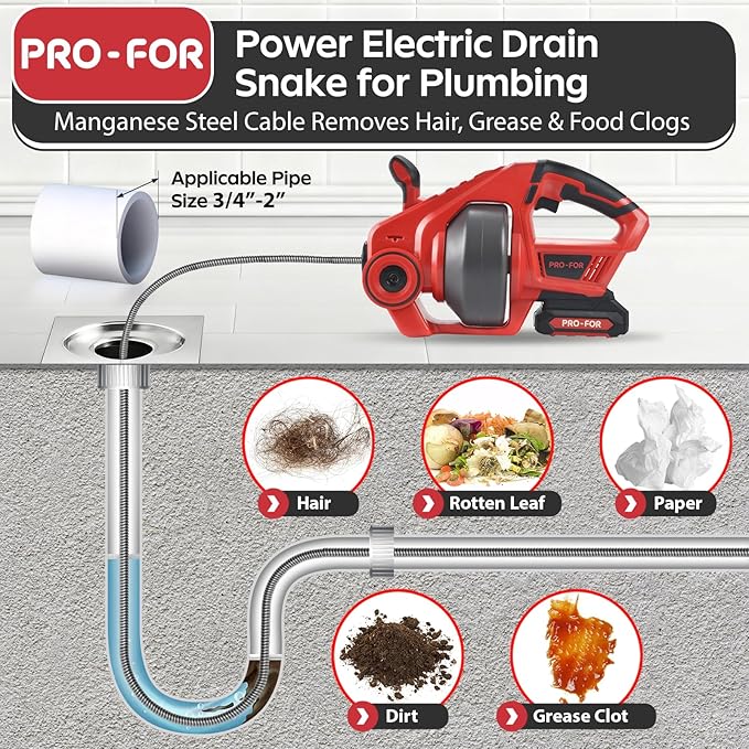 20V Cordless Electric Drain Auger, 25Ft Auto-Feed Drain Snake, Replaceable Cable, 2.0Ah Battery & Charger, LED Light, Clog Remover for Sink, Shower, Kitchen, Bathroom Pipes (3/4"-2")
