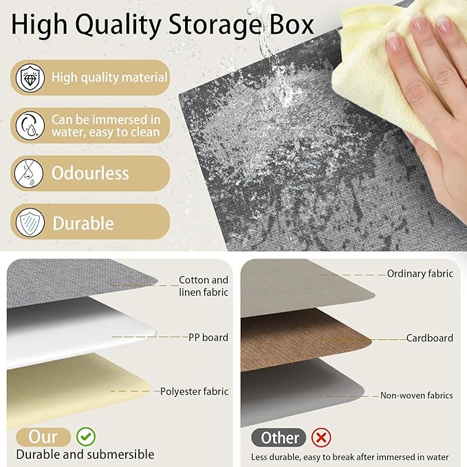 Yawinhe Foldable Storage Baskets for Shelves, Fabric Closet Organizers, Bins with 3 Handles, Cubes for Clothes, White/Grey, 15''Lx9.8''Wx8.3''H, 4-Pack