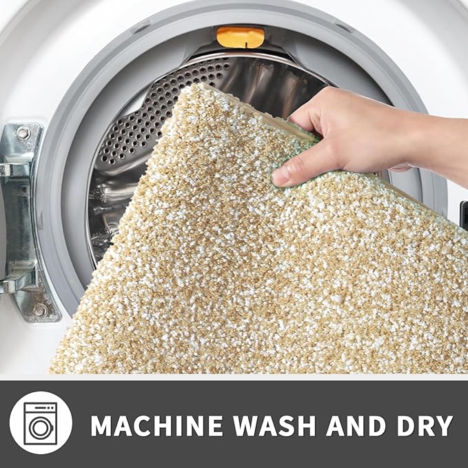 Yimobra Toilet Rugs U Shaped Washable, Soft Absorbent Microfiber Bathroom Rugs, Non Slip Quick Drying Shaggy Bath Mat,Contour Bathroom Mats for Toilet Base, Home Essentials,24x20,Light Beige and White