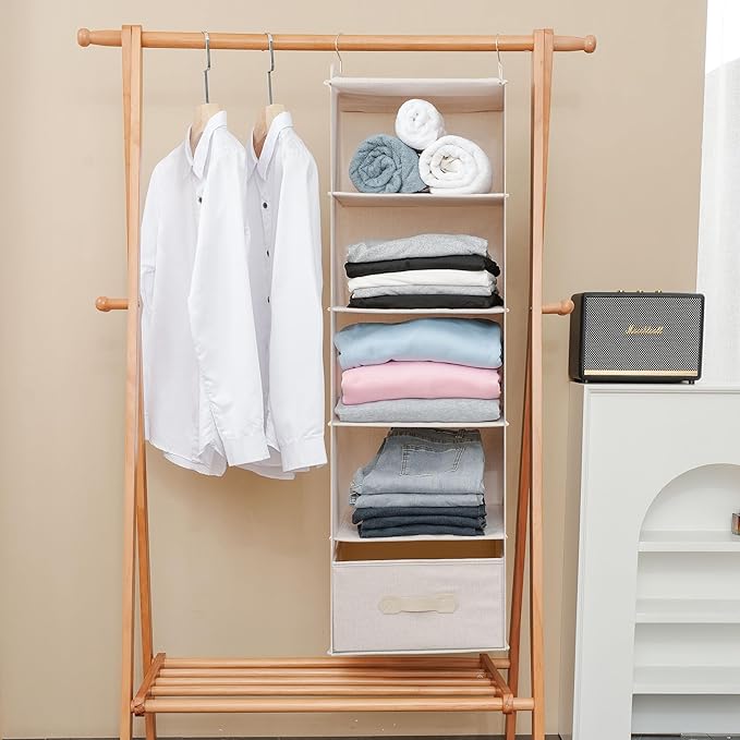 Large Hanging Sweater Organizer for Closet,Collapsible 6-Shelf Hanging Closet Shelves with Drawers, Washable (Beige -5 Shelf-1 d)