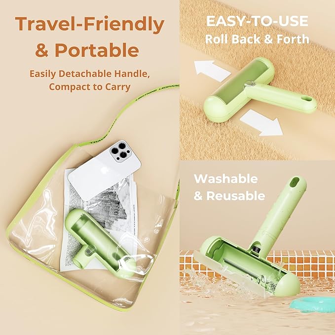 Reusable Pet Hair Remover - Lint Roller for Dog & Cat Fur - for Furniture, Carpet, Clothing - Detachable Handle (White)