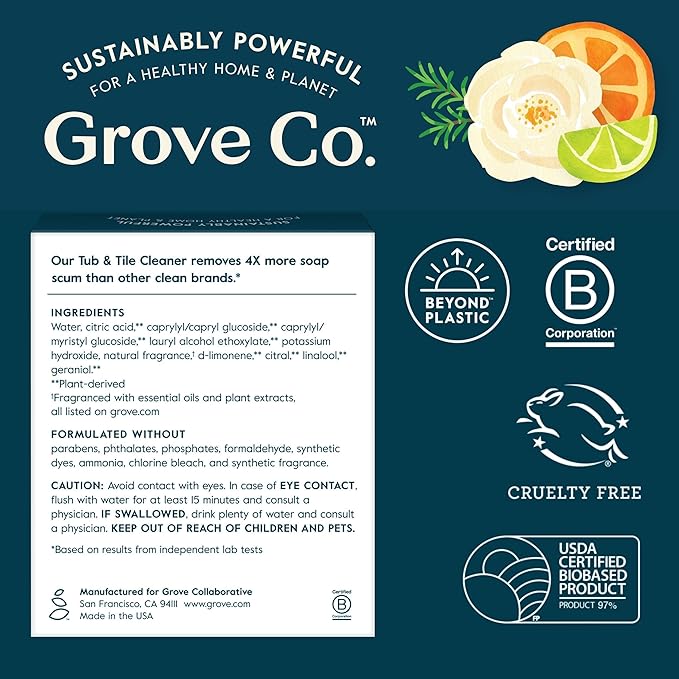 Grove Co. Tub and Tile Cleaner, Refill Concentrate (6 x 1 Fl Oz) Plant-Based Household Cleaning Supplies, No Plastic Waste, 100% Natural Lemon & Eucalyptus Fragrance, 3 x 2 Pack Refills
