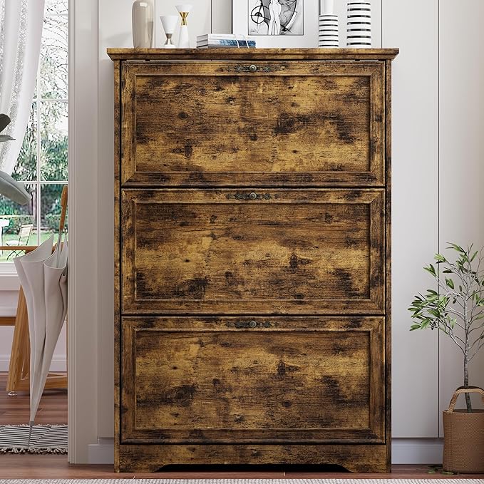 3 Flips Shoe Cabinet for Entryway, Narrow Shoe Storage Cabinet with Adjustable Shelves, Wooden Space-Saving Organizer and Rack for Foyer, Closet, Hallway
