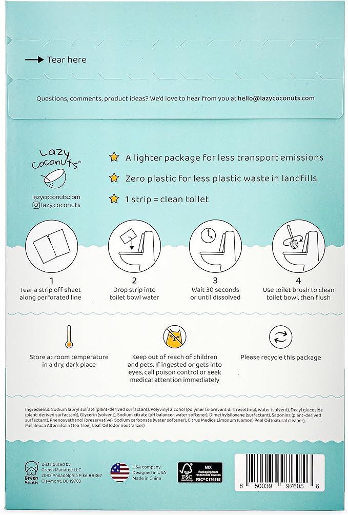 Lazy Coconuts Toilet Bowl Cleaner Strips - 60 Cleans, Plastic-free, Dye-free, With Lemon Essential Oil