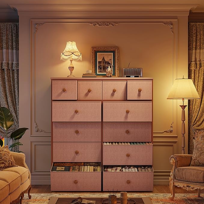 Dresser for Bedroom Drawer Organizer Storage Drawers, Fabric Dressers & Chests of Drawers, Sturdy Metal Frame, Wood Top, Entryway, Bedroom Furniture (Pink)