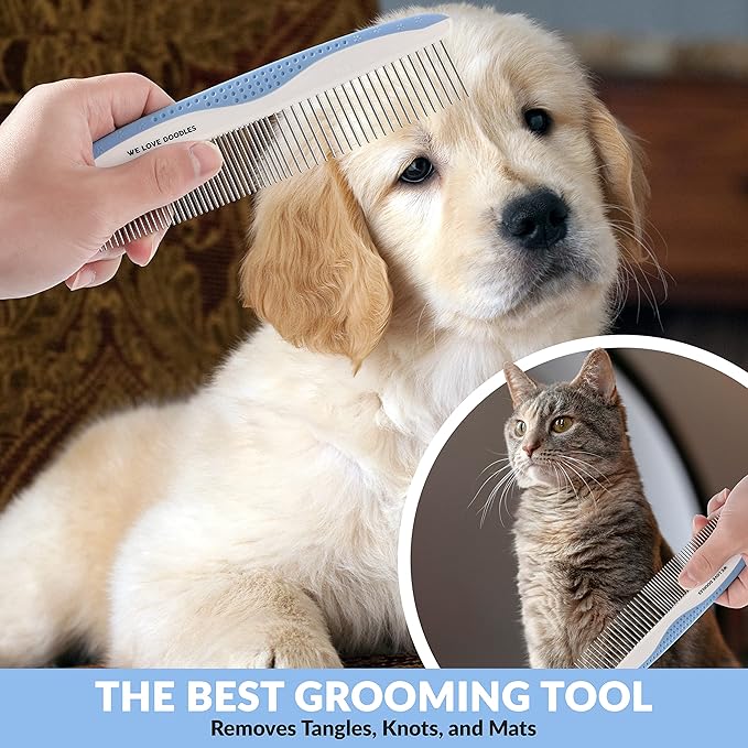 We Love Doodles Flea Comb for Dogs and Metal Dog Grooming Comb | Dog Face Comb | Fine Tooth Tear Stain Remover Metal Comb | Removes Tangles & Matts | Dematting Pet Combs | Detangler For Matted Hair
