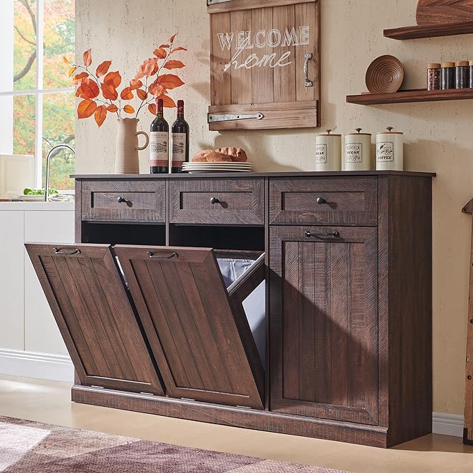 Triple Tilt Out Laundry Hamper Cabinet, 20 Gallon Farmhouse Trash Can Cabinet w/Drawer & Adjustable Shelf, Hidden Garbage Can Bin Cabinets w/Laundry Basket for Bathroom, Kitchen (Brown)