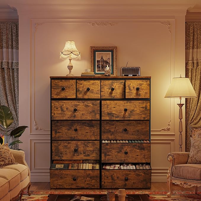 Dresser for Bedroom Drawer Organizer Storage Drawers, Fabric Dressers & Chests of Drawers, Sturdy Metal Frame, Wood Top, Entryway, Bedroom Furniture (Rustic Brown)