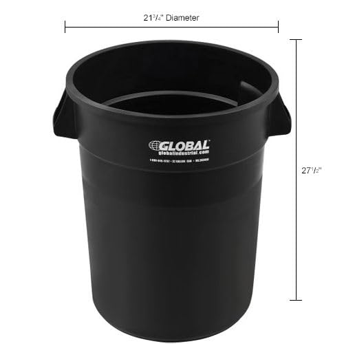 Global Industrial Commercial Round Trash Can, 32 Gallon Capacity, Plastic Garbage Can, Indoor and Outdoor Utility Trash Can, Black, 21-3/4"W x 27-1/2"H, No Lid