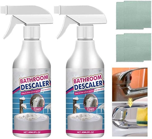 Bathroom Descaler Foam Cleaner 2025|Powerful Cleaner Spray for Shower,Bathtub,Glass,Faucet,Tile,Toilet|Strong Cleaning for Stubborn Stains&Limescale Removal with 2 Microfiber Cloths (2 PCS-4oz)