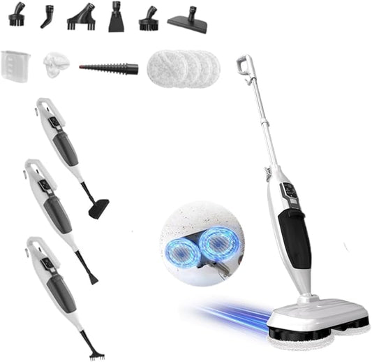Scrub and Steam Mop with 13 Accessories,Floor Scrubber Spin Mop for Hard Floors Deep Cleaning,Washable Mop Pads for Home,550ml Capacity,Chemical-Free Deep Clean & Sanitize with High Temperature