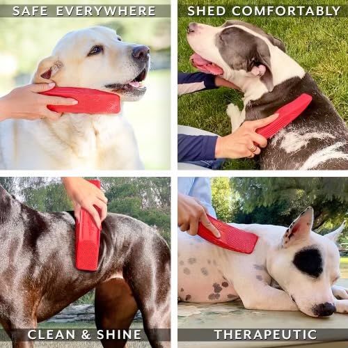 StripHair DOG Horse Grooming Set 2pc Gentle Groomer 6-in-1 Shedding Massage Brush Pet Hair Remover Tool (flexi red) + Dog Pet Wipes (8x8in)