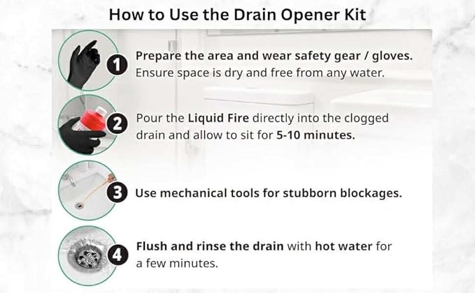 Drain Clog Remover Bundle with Two 32 fl oz Drain Cleaner Bottles, Cleaning Tools & Protective Gloves - 6 Items - Heavy-Duty Acid Formula for Tough Kitchen Sink & Shower Clogs
