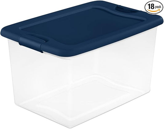 Sterilite 18-Pack Color Program, Large Clear Plastic Storage Bins with Lids, 64 Quart, Blue - Stackable Organizing Container Boxes for Closet, Bathroom, and Office