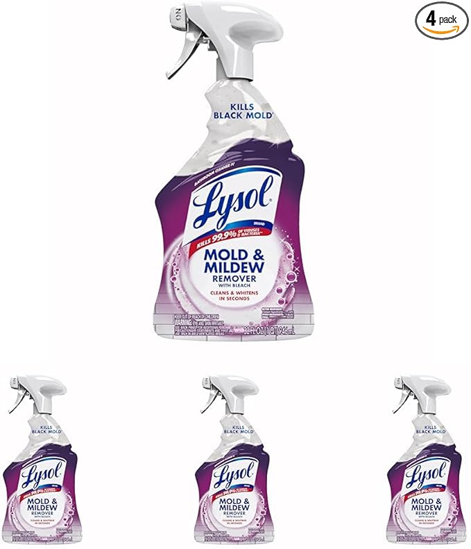 Lysol Mold & Mildew Remover Spray, Bathroom & Shower Cleaner, Disinfectant Spray, Stain Remover with Bleach, Tough on Black Mold, Multipurpose Cleaner for Home and Kitchen, 32oz (Pack of 4)
