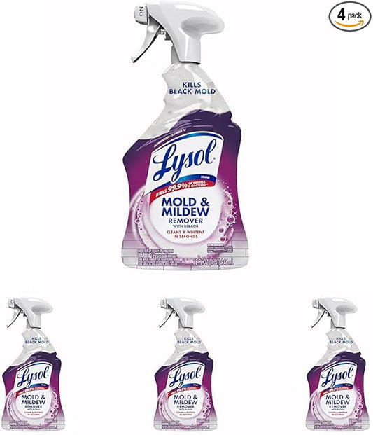 Lysol Mold & Mildew Remover Spray, Bathroom & Shower Cleaner, Disinfectant Spray, Stain Remover with Bleach, Tough on Black Mold, Multipurpose Cleaner for Home and Kitchen, 32oz (Pack of 4)
