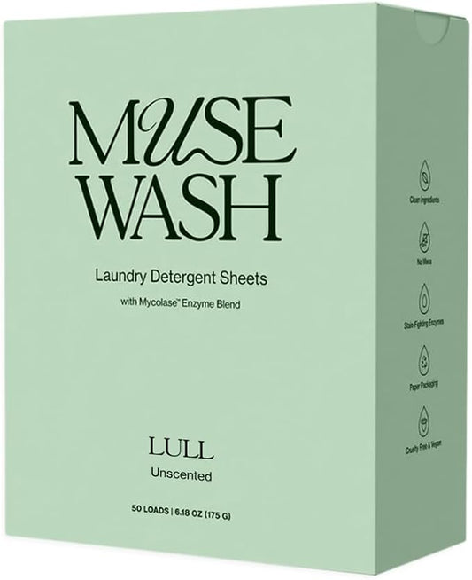 Laundry Detergent Sheets | Enzyme-Powered, Vegan, Paraben-Free | Sensitive Skin | Plastic-Free, Eco-Friendly, Travel-Ready Packaging (50 Loads – 1 Box, LULL Unscented)