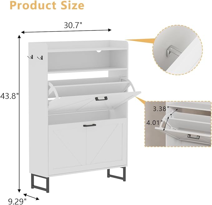 Shoe Cabinet with 2 Flip Drawers, Freestanding Hidden Shoe Storage Organizer for Entryway, Narrow Slim Shoe Rack Cabinet with Open Storage & Hooks for Front Door Entrance, Living Room, Hallway, White