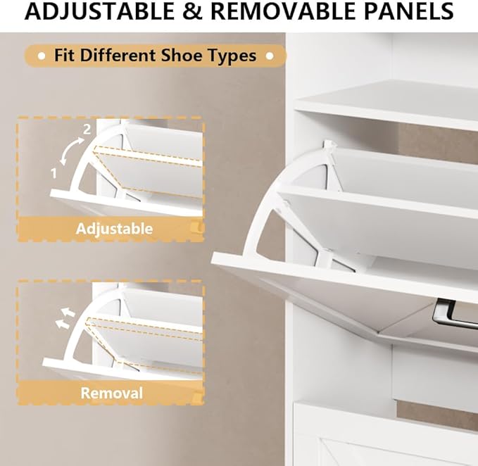 Shoe Cabinet with 2 Flip Drawers, Freestanding Hidden Shoe Storage Organizer for Entryway, Narrow Slim Shoe Rack Cabinet with Open Storage & Hooks for Front Door Entrance, Living Room, Hallway, White